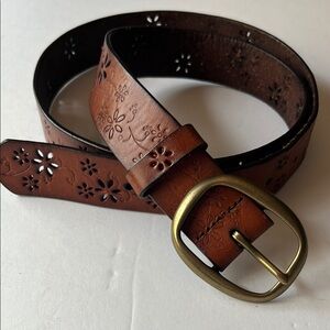 Genuine Leather Brown Floral Belt with Brass Buckle XL